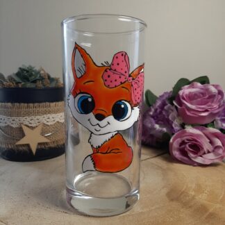 Verre haut transparent peint à la main avec un motif de petit renard orange mignon portant un nœud rose à pois, artisanat de Vendée.