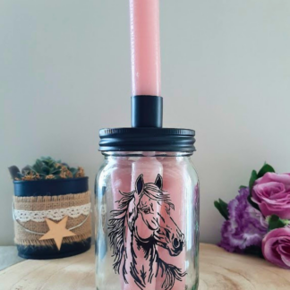 Pot bocal porte-bougie original en verre peint à la main « Portrait Cheval »