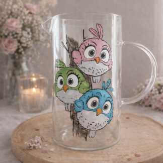 Carafe pichet en verre transparent avec anse, peinte à la main levée avec un motif de trois chouettes et hiboux colorés (rose, vert, bleu) perchés sur un tronc, présentée sur un support en bois