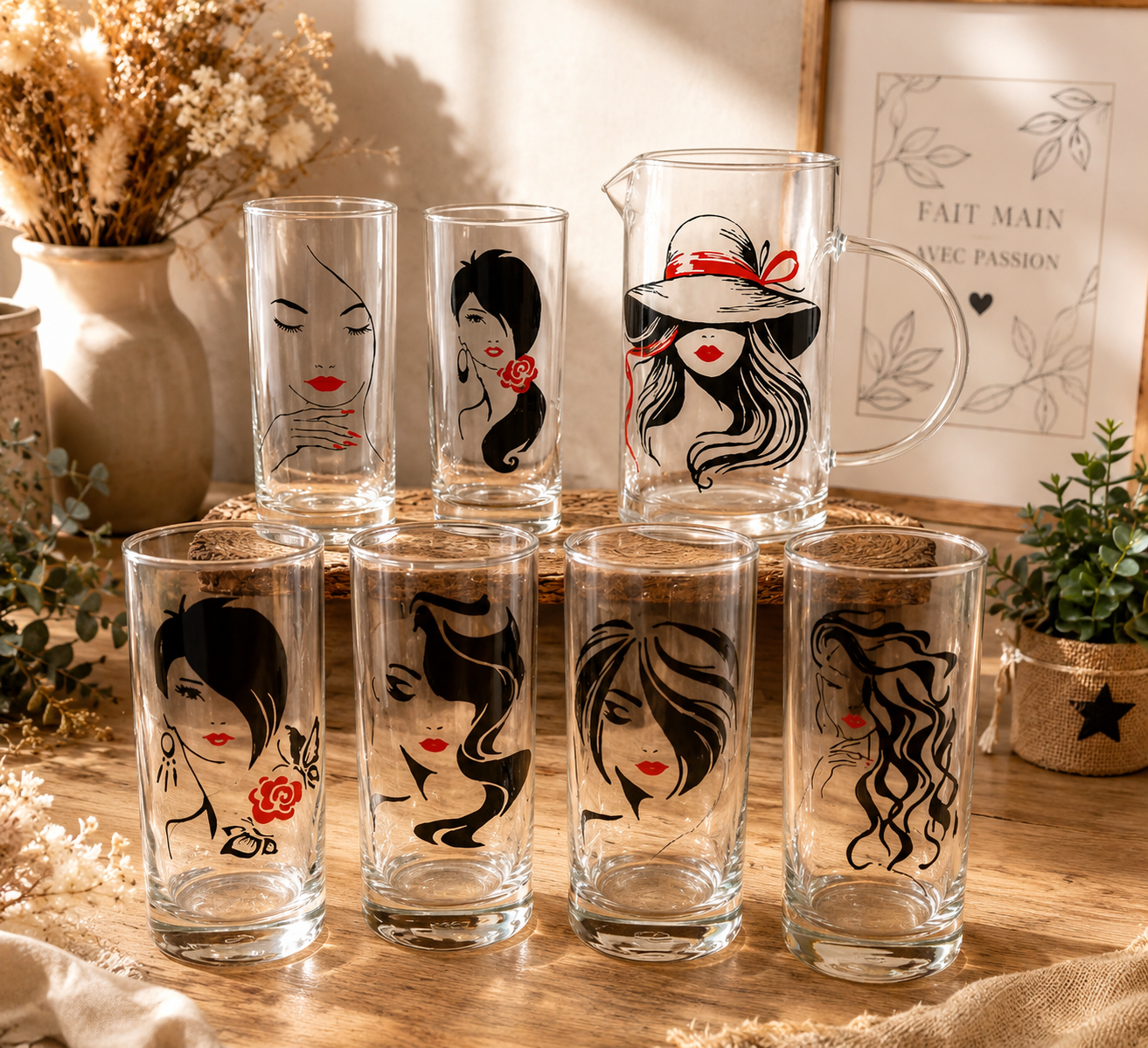 Ensemble de service en verre transparent comprenant une carafe et six verres hauts peints à la main avec des visages et silhouettes de femmes élégantes et lèvres rouges