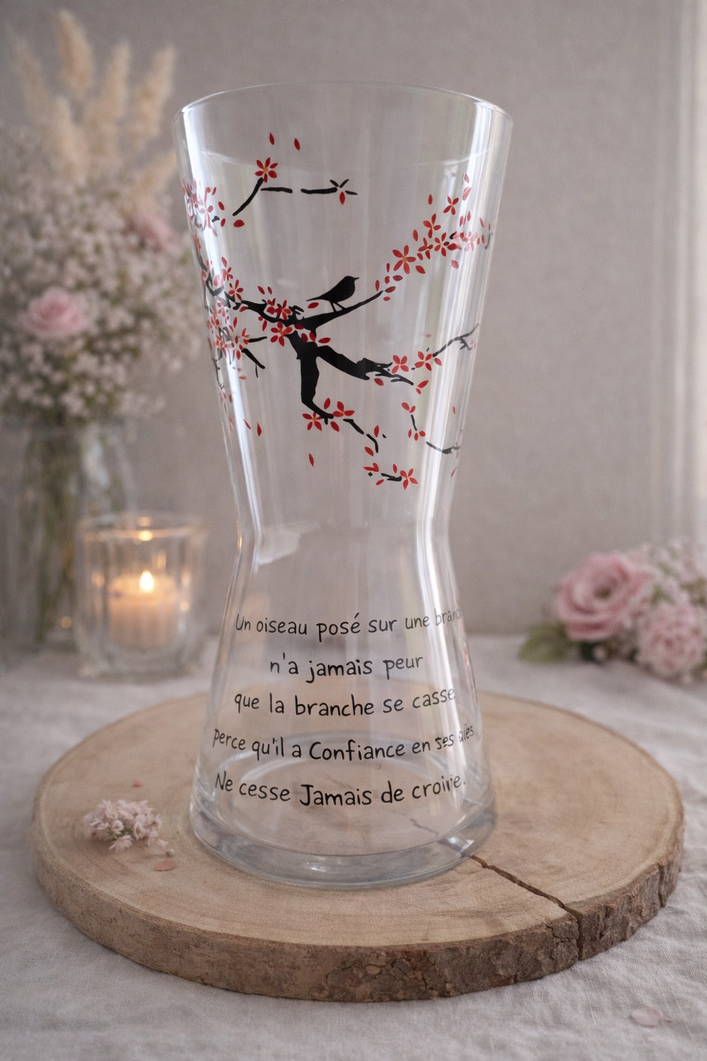 Grand vase transparent en forme de sablier cintré, peint à la main avec un poème calligraphié en noir et une branche de cerisier aux fleurs rouges avec un oiseau, posé sur un support en bois