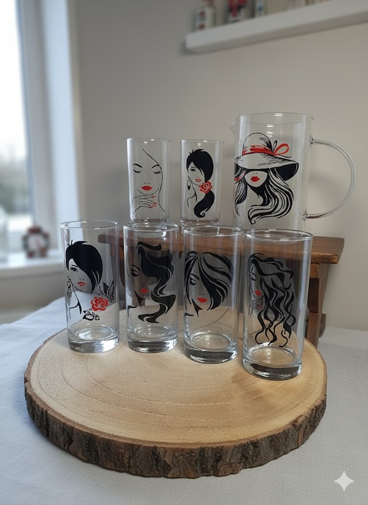 Service pichet et 6 verres polyvalents peints à la main avec des portraits de femmes glamour en noir et rouge, posés sur une rondelle de bois