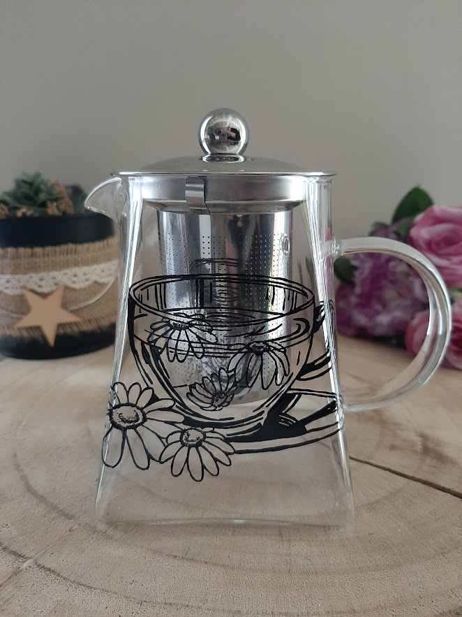 Théière transparente en verre de 550 ml avec filtre inox, peinte à la main avec un motif de tasse et marguerites noires.
