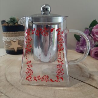 Théière en verre transparent de 550 ml avec infuseur inox, décorée de petites roses rouges peintes à la main.