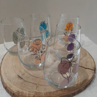 Set de 6 gobelets en verre artisanaux avec fleurs noires et pastilles colorées