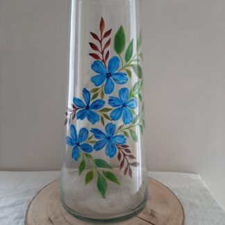 Grand vase en verre artisanal - Bouquet de fleurs bleues peint à la main
