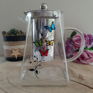 Théière en verre avec infuseur inox et décor papillons colorés peints à la main