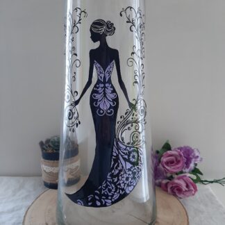 Grand Vase en verre artisanal - Décor "Silhouette Élégante" noir et violet peint à la main