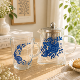 Set théière et mug en verre peints à la main avec des roses bleues cobalt style porcelaine de Delft, posés sur une table en bois avec du gypsophile et des biscuits