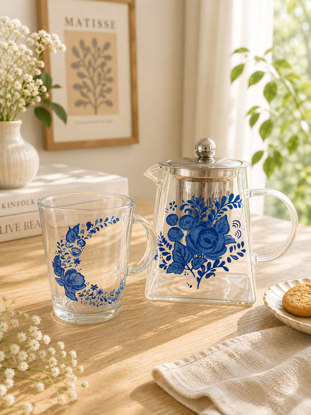Set théière et mug en verre peints à la main avec des roses bleues cobalt style porcelaine de Delft, posés sur une table en bois avec du gypsophile et des biscuits