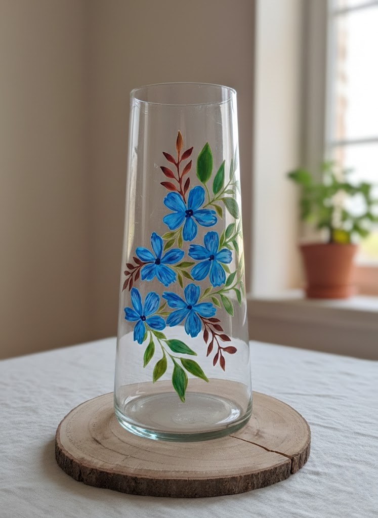 Grand vase en verre de 40 cm de haut, peint à la main avec un motif vertical de fleurs bleues et de feuilles vertes et terracotta, posé sur une tranche de bois