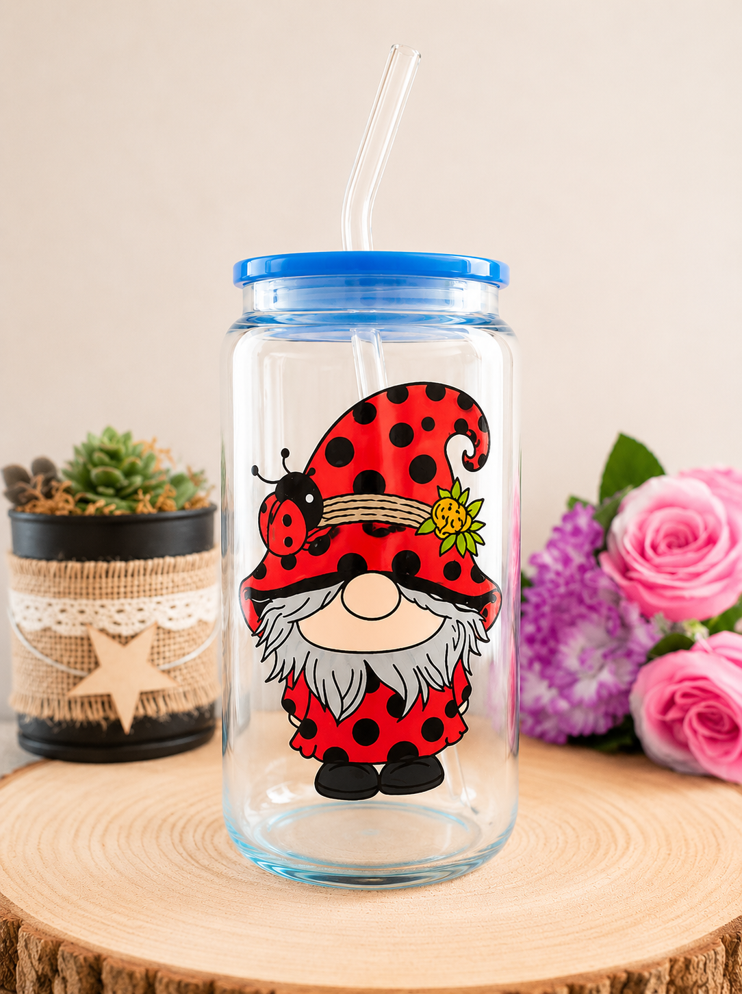 Verre canette original — Verre peint à la main « Gnome Coccinelle »