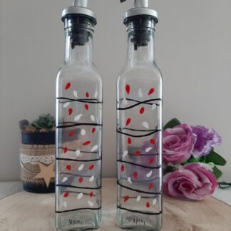 Bouteilles huile et vinaigre décorées à la main avec motifs grains de riz, l'idée de cadeau cuisine original idéale