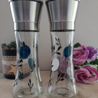 Duo de moulins à poivre et sel peints à la main motif feuillage bleu, idée de cadeau cuisine original.