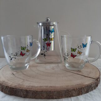 Service à thé original avec théière de 950ml et deux tasses décorées de papillons colorés peints à la main