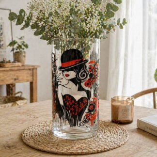 Vase en verre peint à la main avec illustration femme noire et rouge, posé sur une table en bois dans un intérieur lumineux et décoré avec fleurs et bougie