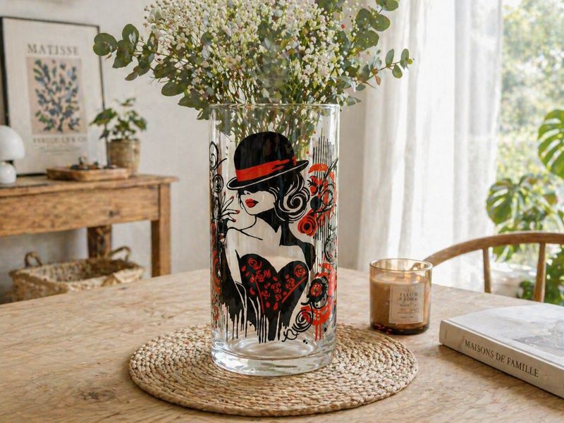 Vase en verre peint à la main avec illustration femme noire et rouge, posé sur une table en bois dans un intérieur lumineux et décoré avec fleurs et bougie