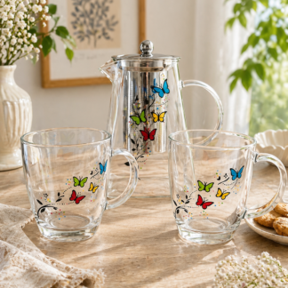 Cadeau original — Set théière 950ml et 2 mugs peints à la main « Envol de Papillons » multicolores