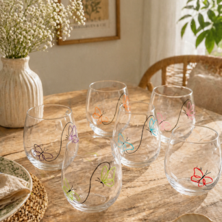 Set de 6 verres polyvalents peints à la main avec des papillons colorés au trait fin — vert, rouge, turquoise et orange