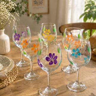 Set de 6 verres à vin peints à la main avec des fleurs colorées printanières — violet, orange, jaune et turquoise — posés sur une rondelle de bois
