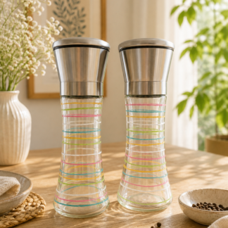 Set de deux moulins à sel et poivre en verre peints à la main avec des rayures multicolores rose jaune vert et turquoise, posés sur une table en bois avec des grains de poivre
