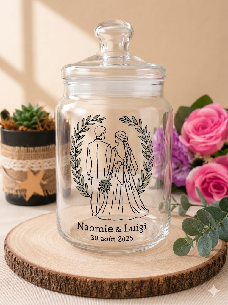 Verre mariage personnalisé prénoms et date peint à la main Vendée