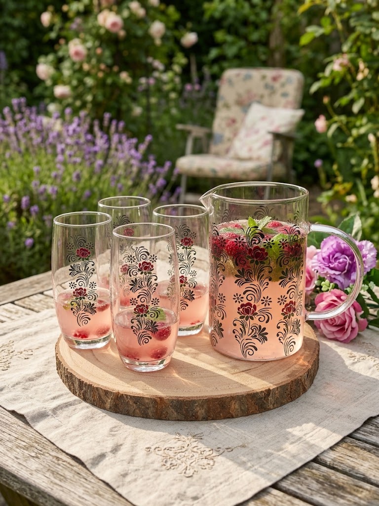 Cadeau original — Pichet et 4 verres peints à la main « Motif Floral Folklorique » – Image 2