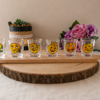 Coffret de 6 verres à shot peints à la main avec émojis expressifs, présentés sur leur planchette en bois, posés sur une table en bois