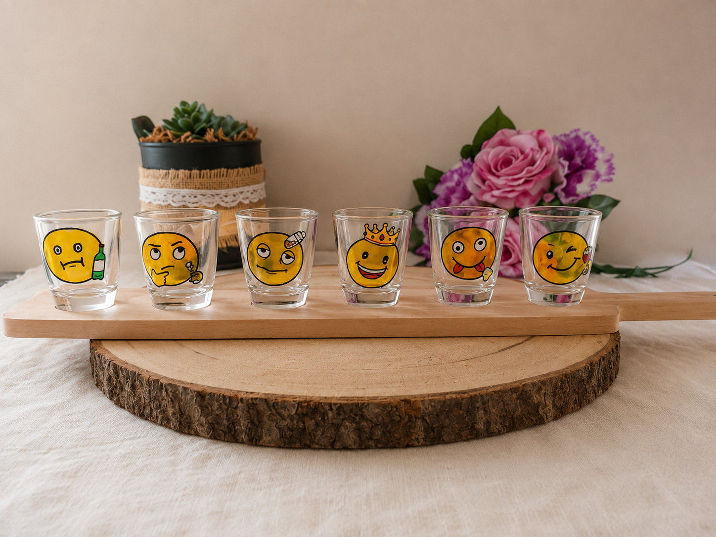Coffret 6 verres à shot peints à la main, emojis humoristiques