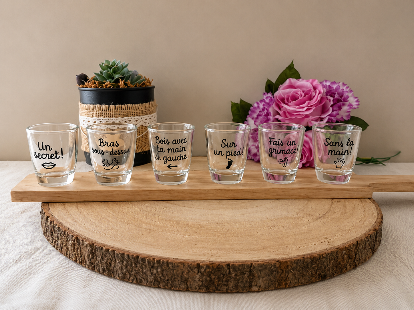 Coffret 6 verres à shot gages et défis, planchette bois, Vendée