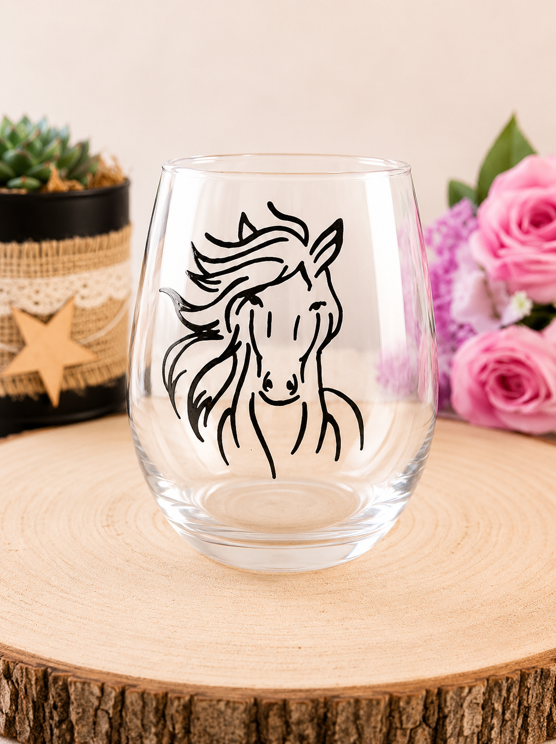 Gobelet en verre peint à la main avec portrait de cheval crinière au vent en noir et blanc style graphique épuré, posé sur une table en bois avec des roses roses