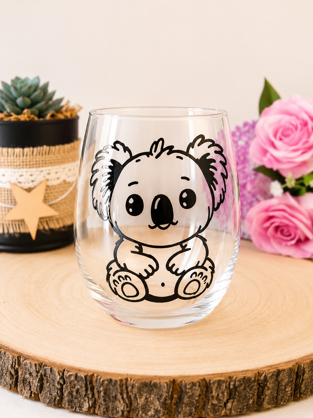 Gobelet en verre peint à la main avec koala noir et blanc style graphique épuré, posé sur une table en bois avec des roses roses