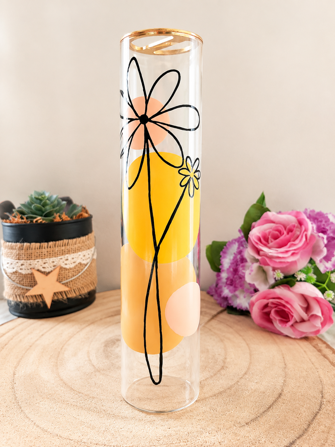 Porte-encens en verre peint à la main, fleur graphique jaune et orange, Vendée