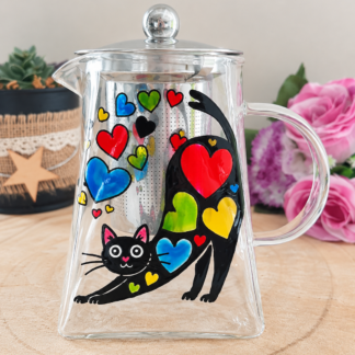Théière en verre peinte à la main avec chat noir et cœurs multicolores, Vendée
