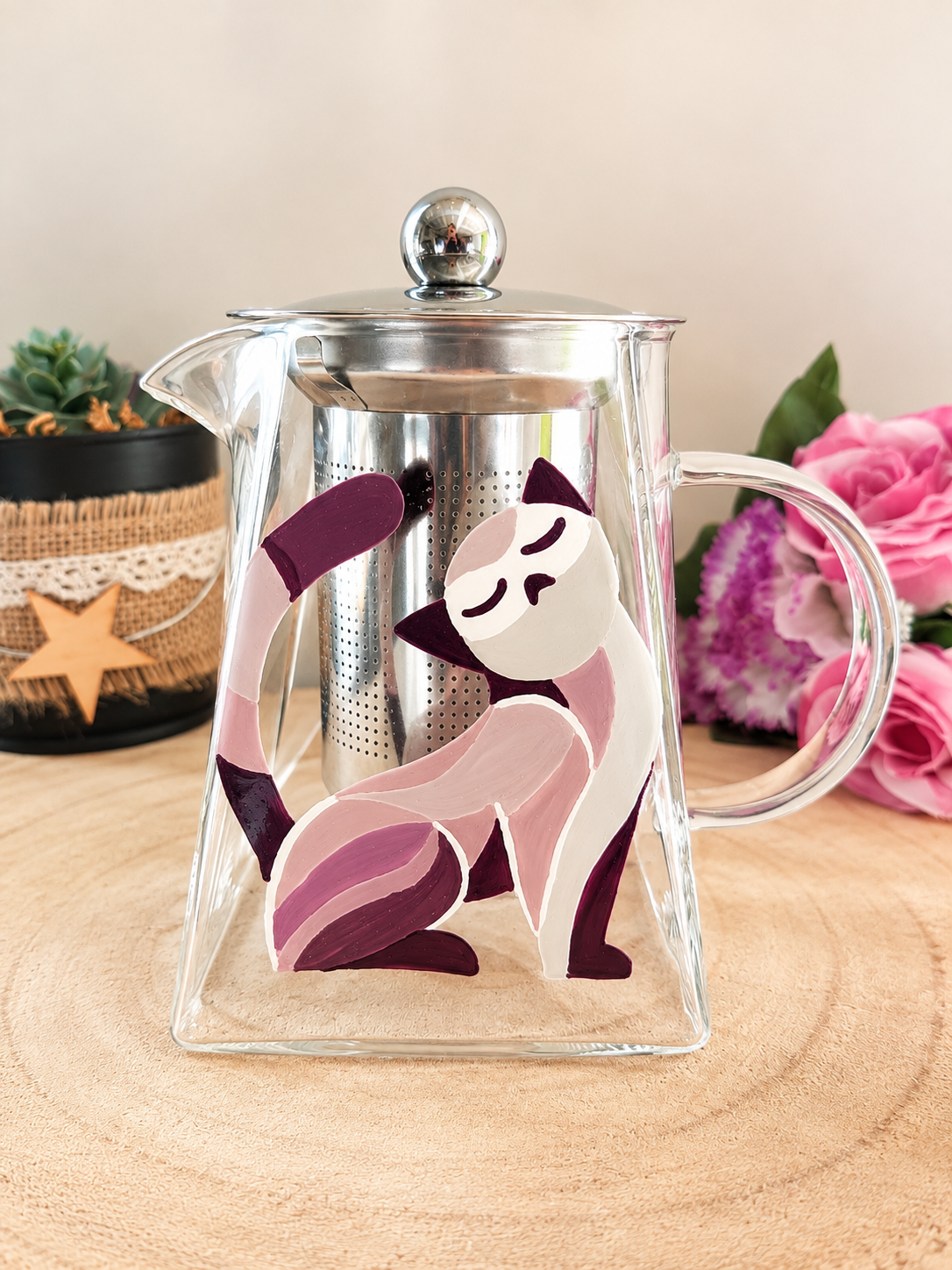 Théière en verre peinte à la main avec un chat siamois, Vendée