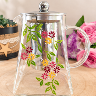 Théière en verre peinte à la main avec des fleurs des champs colorées, Vendée