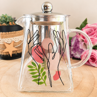 Théière en verre peinte à la main avec motif mains abstraites roses, Vendée