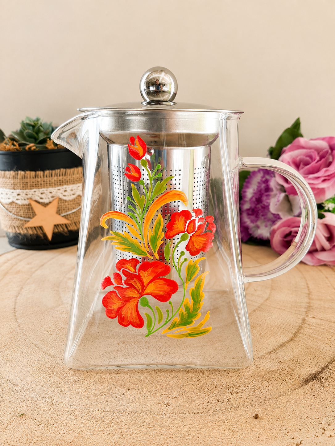 Théière en verre peinte à la main, fleurs rouges et orangées