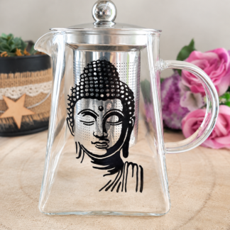 Théière en verre peinte à la main avec visage de Bouddha, Vendée